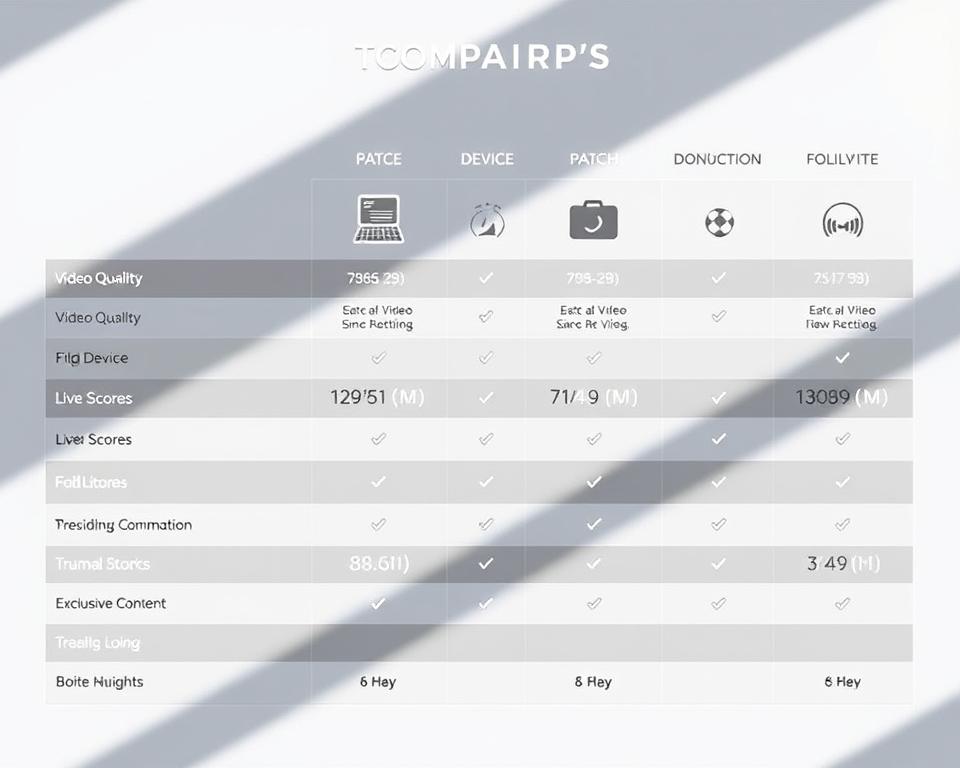 Detailed comparison of top streaming apps for watching football/soccer matches. A modern, sleek interface shows side-by-side comparisons of key features like video quality, device compatibility, live scores, and exclusive content. Bright, neutral tones with clean lines and icons create a sophisticated, informative visual. Overhead camera angle provides an organized, analytical perspective. Minimal shadows and gentle highlights emphasize the technological, analytical nature of the subject matter. Crisp, high-resolution rendering showcases the apps' capabilities in crystal clear detail.