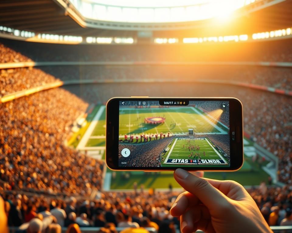 A beautifully lit stadium interior, the field bathed in warm golden light, spectators filling the stands as a group of athletes in vivid uniforms take the field, crisp action shots capturing the drama of the game, a smartphone or tablet displaying a live stream of the event in the foreground, creating a seamless integration of the virtual and physical realms, conveying the sense of free and accessible NFL viewing for all.