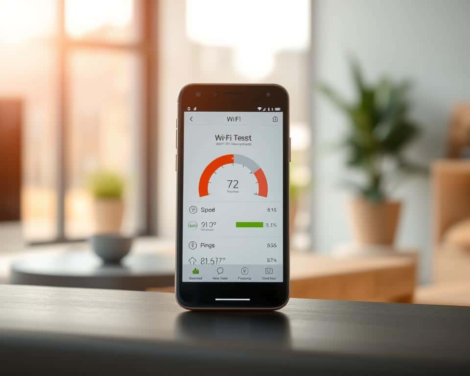 A detailed illustration of a smartphone screen displaying a Wi-Fi speed test, set against a blurred background showcasing a modern home or office interior. The screen features a clean, minimalist UI with intuitive controls and real-time data visualizations, highlighting download and upload speeds, ping latency, and network stability. The scene is bathed in warm, natural lighting, creating a sense of productivity and efficiency. The overall composition conveys the ease and importance of understanding one's Wi-Fi connection performance to optimize home or small business network setup. A detailed illustration of a smartphone screen displaying a Wi-Fi speed test, set against a blurred background showcasing a modern home or office interior. The screen features a clean, minimalist UI with intuitive controls and real-time data visualizations, highlighting download and upload speeds, ping latency, and network stability. The scene is bathed in warm, natural lighting, creating a sense of productivity and efficiency. The overall composition conveys the ease and importance of understanding one's Wi-Fi connection performance to optimize home or small business network setup.