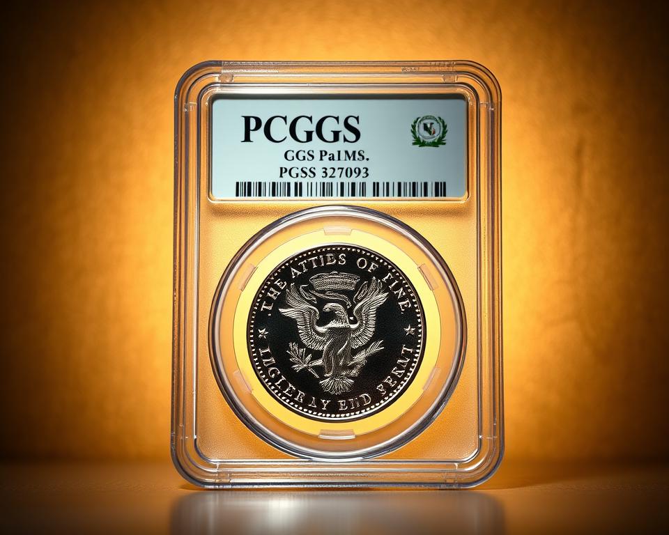 A high-resolution, photo-realistic image of a PCGS (Professional Coin Grading Service) coin grading certification with a luxurious, textured background. The coin is prominently displayed, showcasing its intricate design and mint condition. The lighting is soft and directional, highlighting the coin's metallic luster and striking details. The composition is balanced, with the coin occupying the central focal point, surrounded by a subtle, elegant frame. The overall atmosphere conveys a sense of exclusivity, quality, and the discerning nature of coin collectors who demand the highest standards of authentication and preservation.