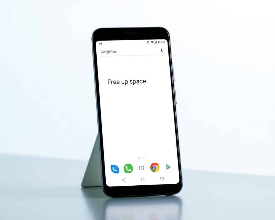 A high-resolution, photorealistic image of the Google Files app interface on an Android smartphone screen, prominently displaying the "Free up space" feature. The screen should have a clean, modern design with a light, airy color palette. The app's icons and UI elements should be clearly visible, conveying a sense of simplicity and functionality. The smartphone should be displayed in a slightly tilted, three-quarter view, with a minimal, uncluttered background that suggests a professional, corporate environment. The lighting should be soft and diffused, creating a sense of depth and emphasizing the app's user-friendly interface. A high-resolution, photorealistic image of the Google Files app interface on an Android smartphone screen, prominently displaying the "Free up space" feature. The screen should have a clean, modern design with a light, airy color palette. The app's icons and UI elements should be clearly visible, conveying a sense of simplicity and functionality. The smartphone should be displayed in a slightly tilted, three-quarter view, with a minimal, uncluttered background that suggests a professional, corporate environment. The lighting should be soft and diffused, creating a sense of depth and emphasizing the app's user-friendly interface.