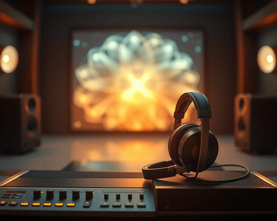 A lush, immersive soundscape with vibrant, high-fidelity audio quality. In the foreground, a pair of audiophile-grade headphones sit atop a sleek, modern audio interface, casting soft, warm lighting. In the middle ground, a music visualization displays mesmerizing, abstract patterns that pulse and shift in time with the music. The background is a serene, blurred environment, allowing the listener to focus entirely on the music and become fully immersed in the experience. The overall atmosphere is one of refined, cinematic elegance, inviting the viewer to lose themselves in the captivating audio. A lush, immersive soundscape with vibrant, high-fidelity audio quality. In the foreground, a pair of audiophile-grade headphones sit atop a sleek, modern audio interface, casting soft, warm lighting. In the middle ground, a music visualization displays mesmerizing, abstract patterns that pulse and shift in time with the music. The background is a serene, blurred environment, allowing the listener to focus entirely on the music and become fully immersed in the experience. The overall atmosphere is one of refined, cinematic elegance, inviting the viewer to lose themselves in the captivating audio.