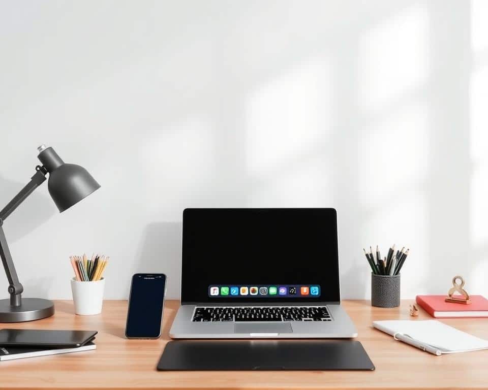 A modern and minimalist desktop scene with a laptop, smartphone, and various office supplies arranged neatly. The laptop displays a series of app icons, representing different monitoring and productivity apps. The smartphone is placed next to the laptop, hinting at the concept of cross-device monitoring. The background features a clean, white wall with subtle natural light filtering in, creating a calming and professional atmosphere. The overall composition conveys a sense of organization, focus, and informed decision-making, reflecting the theme of choosing the best monitoring app for one's family.