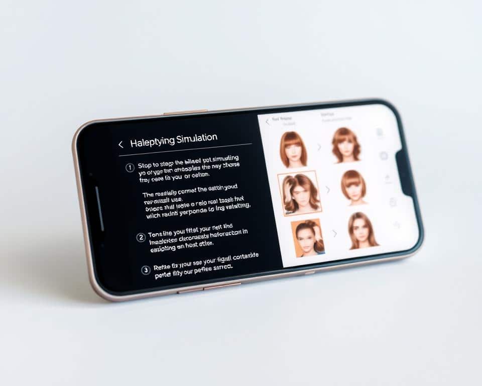 A modern, clean, and sleek mobile app interface with a highlighted step-by-step tutorial on how to use a hair styling simulation feature. The app is displayed on a high-resolution smartphone device set against a light, minimalistic background. The tutorial interface shows clear, easy-to-follow instructions with engaging graphics and intuitive user controls, allowing the user to virtually experiment with different hairstyles. The overall aesthetic is refined, visually appealing, and reflects the app's purpose of helping users find their perfect haircut. Soft, even lighting illuminates the scene, creating a professional, polished appearance. A modern, clean, and sleek mobile app interface with a highlighted step-by-step tutorial on how to use a hair styling simulation feature. The app is displayed on a high-resolution smartphone device set against a light, minimalistic background. The tutorial interface shows clear, easy-to-follow instructions with engaging graphics and intuitive user controls, allowing the user to virtually experiment with different hairstyles. The overall aesthetic is refined, visually appealing, and reflects the app's purpose of helping users find their perfect haircut. Soft, even lighting illuminates the scene, creating a professional, polished appearance.