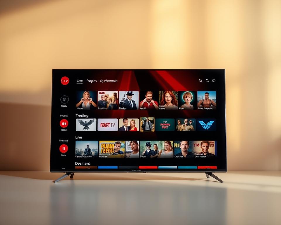 A modern, sleek streaming app interface displayed on a high-resolution digital device. In the foreground, the app's main menu showcases a selection of popular live TV channels and on-demand content. The middle ground features a carousel of thumbnails for trending shows and movies. The background subtly blends warm gradients, creating a sophisticated and inviting atmosphere. Soft, directional lighting illuminates the screen, casting subtle shadows and highlights to accentuate the app's intuitive design. The overall composition conveys a sense of easy accessibility and the pleasure of effortless entertainment.