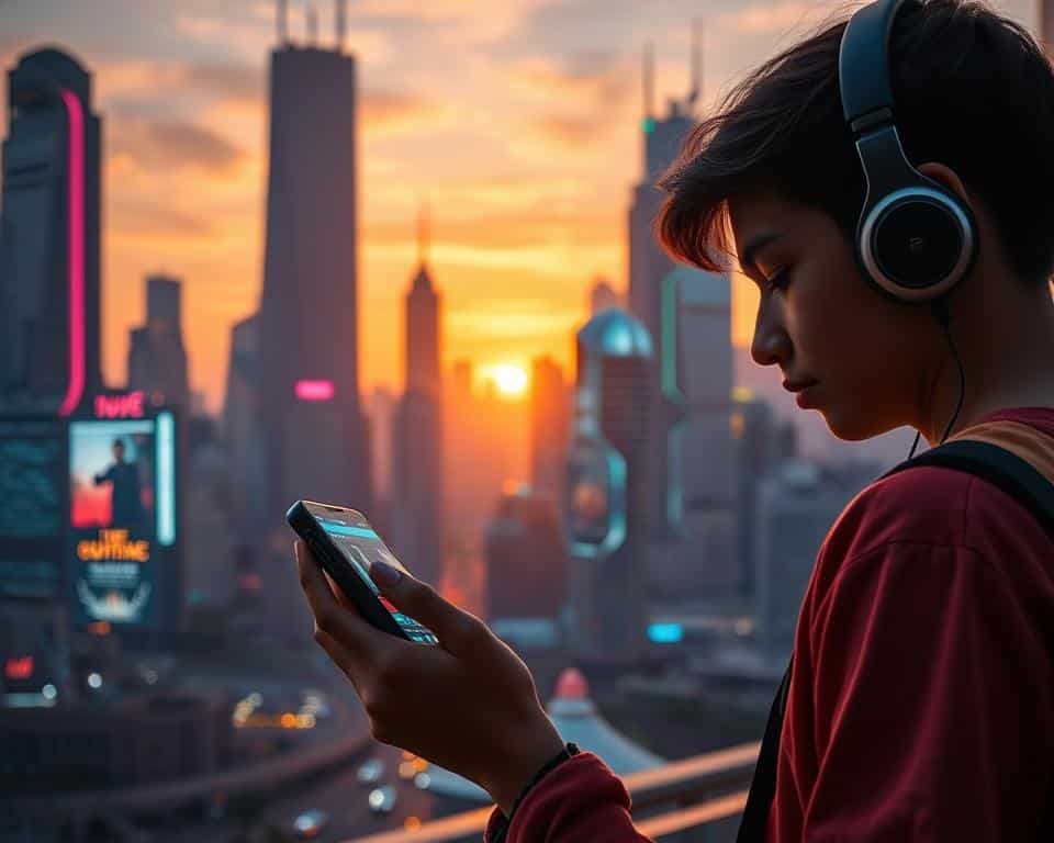 A neon-lit cityscape of the future, with towering skyscrapers and holographic displays showcasing nostalgic musical applications. In the foreground, a young person interacts with a sleek, futuristic smartphone, browsing through a vibrant, retro-themed music interface. The background is bathed in a warm, sunset glow, creating a sense of wistful longing and the blending of the past and the present. The scene is captured through a cinematic, wide-angle lens, emphasizing the juxtaposition of old and new, technology and emotion.