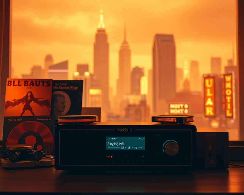A nostalgic music app interface set in a warm, vintage-inspired atmosphere. In the foreground, an old-school music player with retro controls and a glowing display. Surrounding it, evocative album artwork and music visualizations in shades of golden orange and soft sepia tones. In the background, a dreamlike cityscape of towering skyscrapers and neon signs, evoking a sense of bygone eras. Soft, diffused lighting casts a warm, cozy glow over the entire scene. The interface is clean and minimalist, with a focus on the music experience. The overall mood is one of wistful nostalgia and timeless artistry.