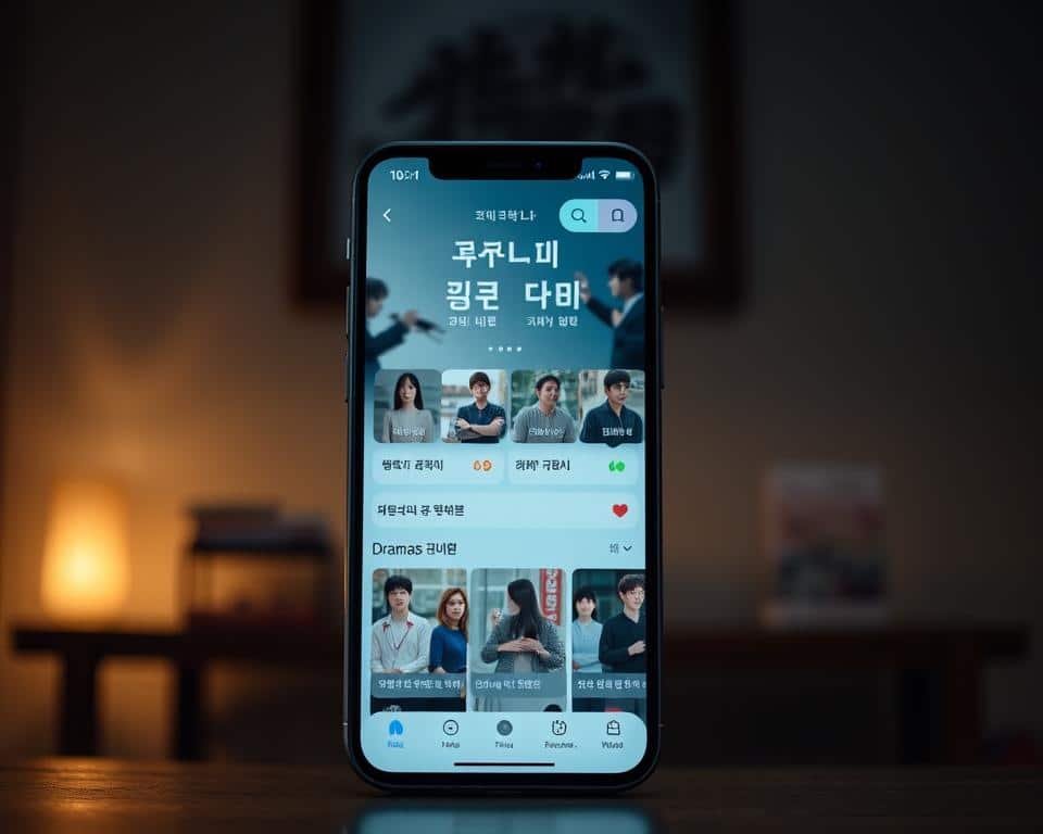 A sleek and intuitive mobile app interface showcasing the latest Korean dramas. In the foreground, a large hero image presents a captivating scene from a popular show, drawing the user in. The middle ground features a clean, minimalist layout with easily navigable menus and categories, allowing seamless browsing of the drama library. The background subtly incorporates Korean cultural elements, such as traditional patterns or calligraphic motifs, creating an immersive and authentic user experience. Soft, diffused lighting and a warm color palette evoke a cozy, cinematic atmosphere, enhancing the viewer's engagement with the content. The overall design strikes a balance between modern aesthetics and a nod to the rich heritage of Korean storytelling.