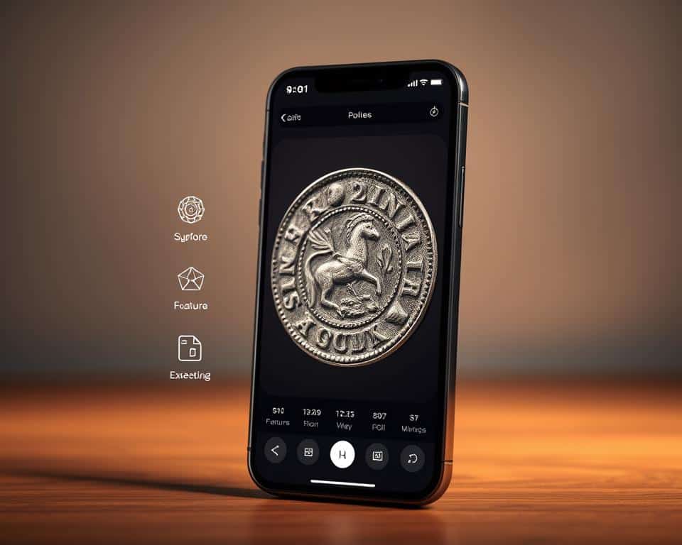 A sleek and modern mobile app interface showcasing the key features for identifying rare and ancient coins. In the foreground, a clean and intuitive user experience with crisp icons and elegant typography. In the middle ground, a detailed coin image rendered with photorealistic textures and intricate engravings. In the background, a subtle gradient backdrop that evokes the timeless appeal of numismatics. Soft, directional lighting casts a warm, inviting glow across the scene, creating a sense of depth and sophistication. The overall aesthetic strikes a balance between cutting-edge technology and the enduring allure of vintage coinage.
