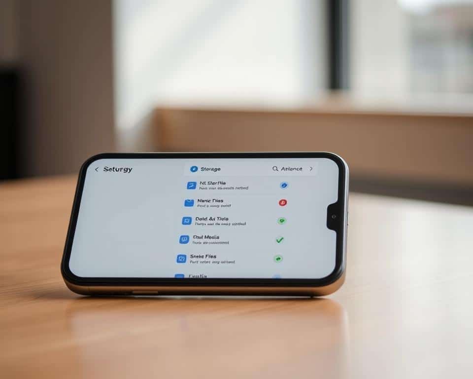 A sleek, minimalist iPhone with its storage optimization app open, showcasing a clean, uncluttered interface. The device is positioned in a well-lit, modern setting, perhaps on a wooden desk or table, with subtle reflections and shadows adding depth and dimension. The app's user experience is intuitive, guiding the user through efficient storage management, from identifying and deleting unnecessary files to organizing media and documents. The overall atmosphere conveys a sense of productivity, control, and the satisfying feeling of decluttering and optimizing one's digital space.