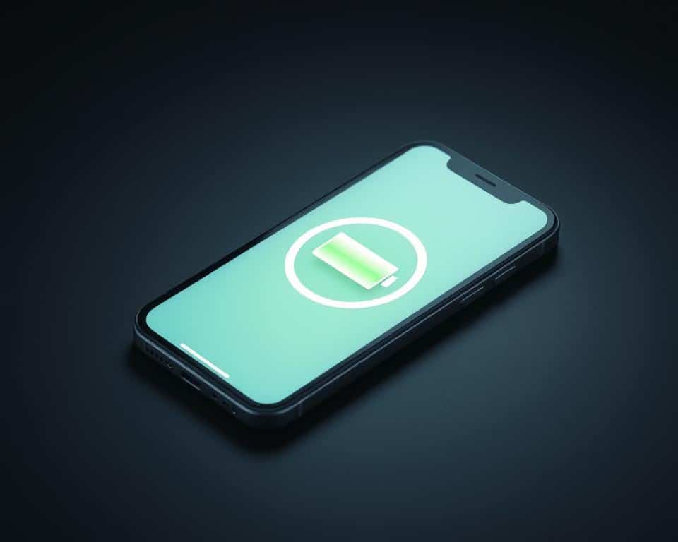 A sleek, modern iPhone with a prominent battery icon displayed on the screen, surrounded by a soft, glowing halo of light. The device is placed on a minimalist, dark-colored surface, creating a sense of elegance and simplicity. The lighting is soft and directional, casting gentle shadows that accentuate the device's curves and contours. The overall atmosphere is calming and inviting, hinting at the iPhone's efficient power management capabilities.