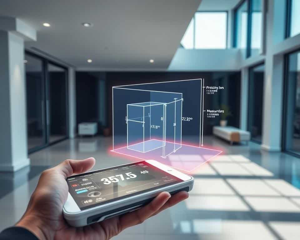 A technologically advanced scene showcasing augmented reality (AR) measurements. In the foreground, a person's hand holds a futuristic AR-enabled device, displaying digital overlays of precise measurements over a real-world object. The middle ground features a 3D holographic projection of the object's dimensions, with measurements and annotations floating in the air. The background depicts a sleek, minimalist interior with large windows, allowing natural light to illuminate the AR technology in use. The lighting is crisp and clean, creating a sense of technological sophistication. The overall mood is one of innovation, precision, and the seamless integration of digital and physical spaces. A technologically advanced scene showcasing augmented reality (AR) measurements. In the foreground, a person's hand holds a futuristic AR-enabled device, displaying digital overlays of precise measurements over a real-world object. The middle ground features a 3D holographic projection of the object's dimensions, with measurements and annotations floating in the air. The background depicts a sleek, minimalist interior with large windows, allowing natural light to illuminate the AR technology in use. The lighting is crisp and clean, creating a sense of technological sophistication. The overall mood is one of innovation, precision, and the seamless integration of digital and physical spaces.