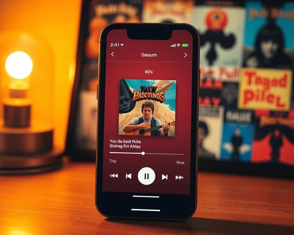Detailed illustration of a smartphone screen displaying a music player interface with iconic album covers from the 80s and 90s. The display is rendered in a warm, retro color palette, with a vintage film grain effect. The foreground features the music player controls and prominent album art, while the background showcases a collage of additional album covers, creating a nostalgic, music-centric atmosphere. The composition is balanced, with a clean, minimalist layout that highlights the key musical elements. Soft, indirect lighting casts a gentle glow, evoking a cozy, intimate feeling. The overall scene conveys a sense of rediscovering and celebrating the beloved music of the past eras.