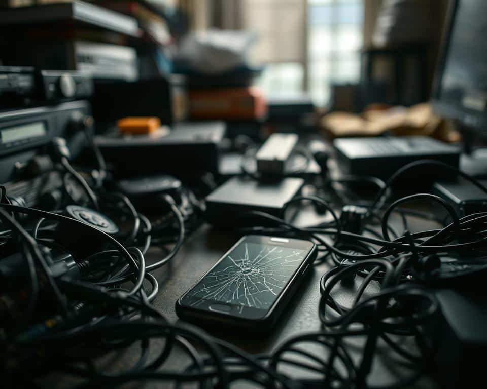 A cluttered desk, surrounded by a jumble of outdated electronics and cables, serves as the foreground of this scene. The lighting is harsh, casting deep shadows and highlighting the aging hardware. In the middle ground, a smartphone, its screen cracked and display flickering, sits forlornly, a testament to the wear and tear of constant use. The background is blurred, but suggests a cluttered home office, with a sense of frustration and the need for an upgrade permeating the atmosphere. The overall mood is one of technological obsolescence, a clear signal that it may be time to consider a newer, more capable device to meet the demands of modern mobile computing. A cluttered desk, surrounded by a jumble of outdated electronics and cables, serves as the foreground of this scene. The lighting is harsh, casting deep shadows and highlighting the aging hardware. In the middle ground, a smartphone, its screen cracked and display flickering, sits forlornly, a testament to the wear and tear of constant use. The background is blurred, but suggests a cluttered home office, with a sense of frustration and the need for an upgrade permeating the atmosphere. The overall mood is one of technological obsolescence, a clear signal that it may be time to consider a newer, more capable device to meet the demands of modern mobile computing.