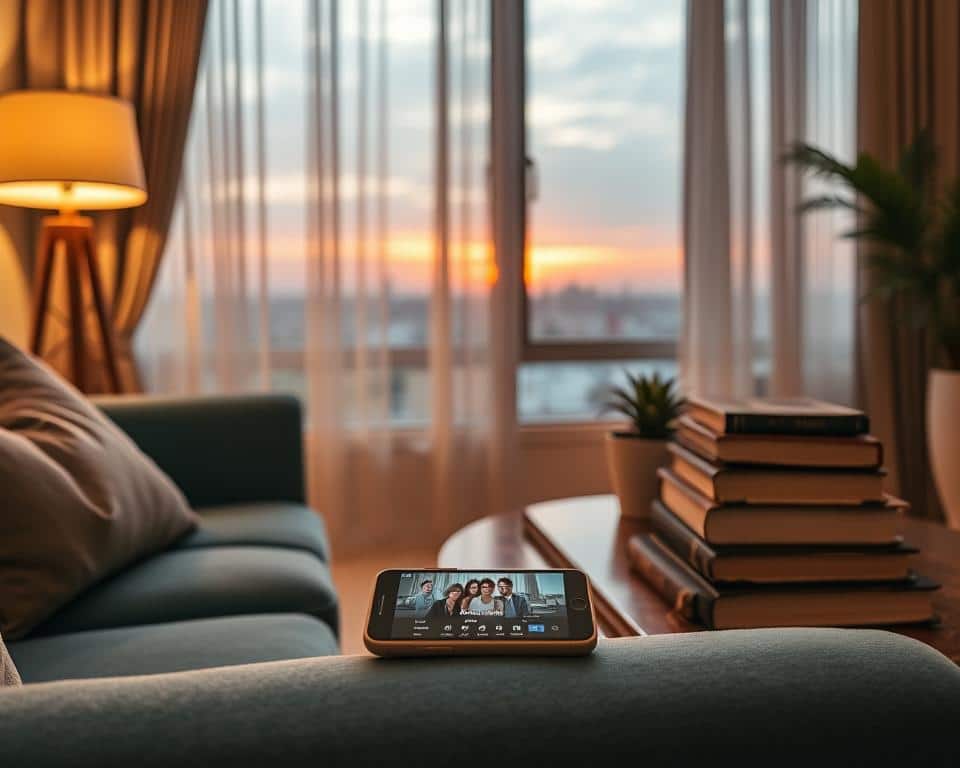 A cozy living room scene, illuminated by warm, golden lighting from a table lamp. In the foreground, a smartphone rests on a plush, teal-colored sofa, its screen displaying a short drama series. The middle ground features an elegant, mid-century modern coffee table, adorned with a potted succulent and a stack of well-worn, vintage-inspired novels. The background showcases a large window, framed by flowing, semi-sheer curtains, offering a glimpse of a tranquil, sunset-streaked cityscape outside. The overall atmosphere conveys a sense of relaxation, immersion, and the joy of discovering bite-sized narratives. A cozy living room scene, illuminated by warm, golden lighting from a table lamp. In the foreground, a smartphone rests on a plush, teal-colored sofa, its screen displaying a short drama series. The middle ground features an elegant, mid-century modern coffee table, adorned with a potted succulent and a stack of well-worn, vintage-inspired novels. The background showcases a large window, framed by flowing, semi-sheer curtains, offering a glimpse of a tranquil, sunset-streaked cityscape outside. The overall atmosphere conveys a sense of relaxation, immersion, and the joy of discovering bite-sized narratives.