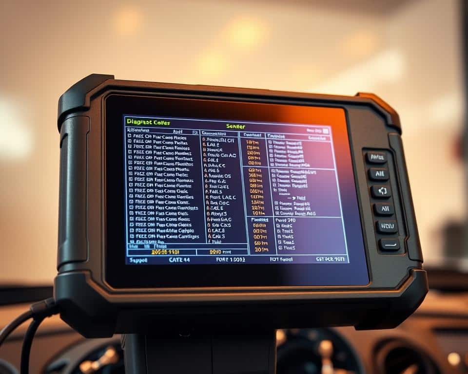 A diagnostic trouble code scanner display with a complex array of diagnostic information, including error codes, fault codes, and diagnostic data. The foreground features a high-resolution LCD screen with a sleek, modern design and intuitive user interface. The middle ground showcases the scanner's physical buttons and ports, allowing for easy navigation and connectivity. The background depicts a clean, minimalist environment, emphasizing the precision and technical nature of the tool. Warm, directional lighting illuminates the device, creating a sense of professionalism and expertise. The overall scene conveys the idea of a skilled technician using a state-of-the-art diagnostic tool to efficiently troubleshoot and resolve automotive issues. A diagnostic trouble code scanner display with a complex array of diagnostic information, including error codes, fault codes, and diagnostic data. The foreground features a high-resolution LCD screen with a sleek, modern design and intuitive user interface. The middle ground showcases the scanner's physical buttons and ports, allowing for easy navigation and connectivity. The background depicts a clean, minimalist environment, emphasizing the precision and technical nature of the tool. Warm, directional lighting illuminates the device, creating a sense of professionalism and expertise. The overall scene conveys the idea of a skilled technician using a state-of-the-art diagnostic tool to efficiently troubleshoot and resolve automotive issues.