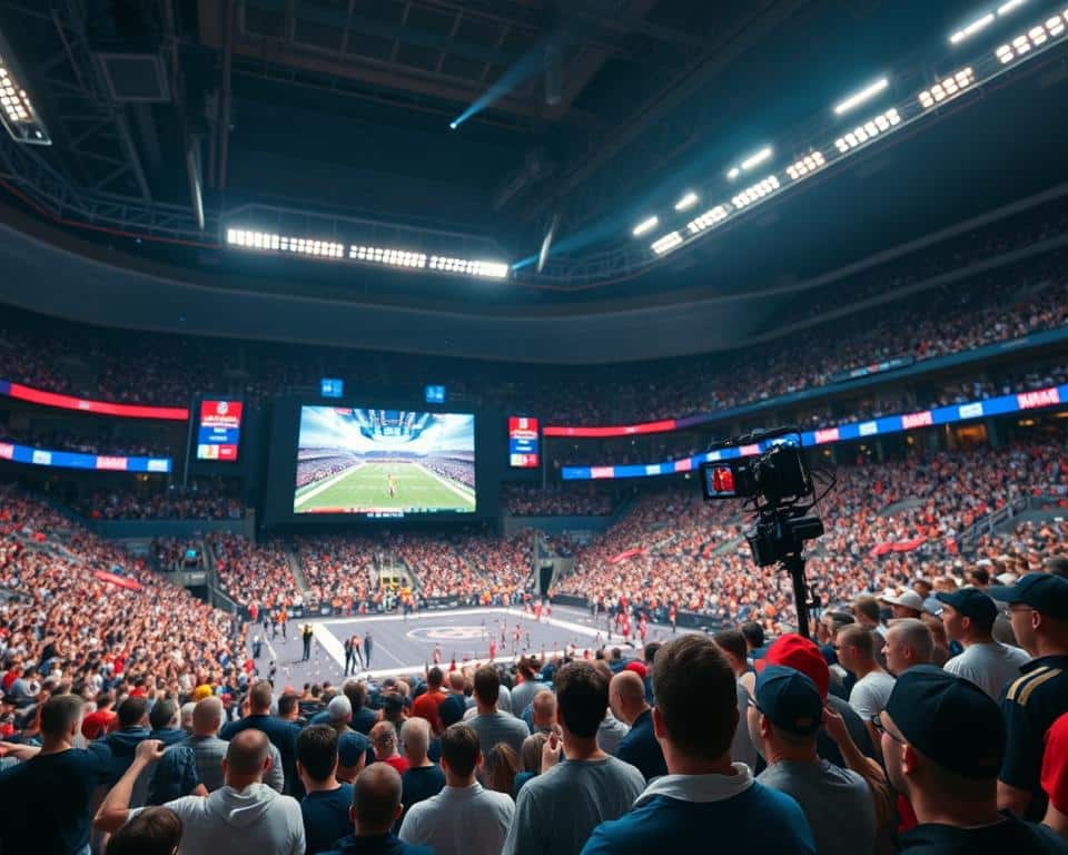 A dynamic sports arena filled with energy, the bright lights and vibrant colors capturing the essence of streaming NFL esports. In the foreground, a high-definition display showcases thrilling game footage, surrounded by sleek, modern UI elements. The middle ground features a diverse crowd of passionate fans, their expressions conveying the thrill of the live action. In the background, towering stadium architecture and state-of-the-art broadcast equipment create a sense of grandeur and technical sophistication. Crisp, realistic lighting casts dramatic shadows, heightening the cinematic atmosphere. A captivating scene that perfectly encapsulates the world of streaming NFL esports.