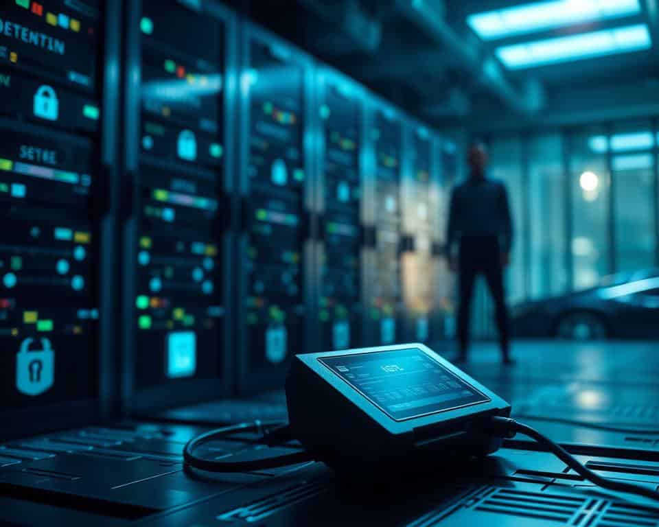 A high-tech data center with secure servers, surrounded by digital security shields and encryption protocols. In the foreground, a vehicle diagnostic device discretely connected to a car's onboard computer, data streams flowing through its circuits. The background casts an ominous tone, with shadowy figures lurking, representing the risks of personal information leaks. Soft blue and green lighting creates an atmosphere of technological precision, while subtle lens flares add a sense of depth and realism. The overall composition conveys the importance of safeguarding automotive data and privacy in the digital age. A high-tech data center with secure servers, surrounded by digital security shields and encryption protocols. In the foreground, a vehicle diagnostic device discretely connected to a car's onboard computer, data streams flowing through its circuits. The background casts an ominous tone, with shadowy figures lurking, representing the risks of personal information leaks. Soft blue and green lighting creates an atmosphere of technological precision, while subtle lens flares add a sense of depth and realism. The overall composition conveys the importance of safeguarding automotive data and privacy in the digital age.