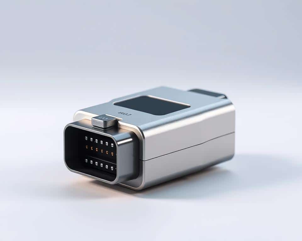 A highly detailed, photorealistic image of an OBD2 vehicle adapter, showcased against a clean, minimalist background. The adapter is rendered in gleaming metallic tones, with a sleek, modern design and precise, intricate details. The lighting casts subtle shadows, emphasizing the contours and texture of the device. The scene is captured from a slightly elevated angle, giving a clear, unobstructed view of the adapter's form and functionality. The overall mood is one of technological sophistication and quality craftsmanship, conveying the high-end nature of the product. A highly detailed, photorealistic image of an OBD2 vehicle adapter, showcased against a clean, minimalist background. The adapter is rendered in gleaming metallic tones, with a sleek, modern design and precise, intricate details. The lighting casts subtle shadows, emphasizing the contours and texture of the device. The scene is captured from a slightly elevated angle, giving a clear, unobstructed view of the adapter's form and functionality. The overall mood is one of technological sophistication and quality craftsmanship, conveying the high-end nature of the product.