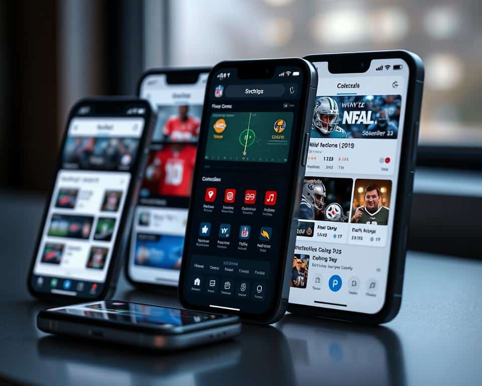 A modern sports app interface displayed on multiple smartphone screens, showcasing the latest NFL game scores, schedules, and streaming options. The screens are arranged in a visually appealing grid layout, with clean, minimalist design elements and vibrant team colors. The overall atmosphere conveys a sense of excitement and engagement for the upcoming NFL season, inviting the viewer to explore the various app features and stay connected with the latest updates. Soft, directional lighting from the side creates depth and highlights the sleek, high-tech aesthetic of the mobile devices. The image should capture the essence of a comprehensive, user-friendly app that enhances the NFL viewing experience.