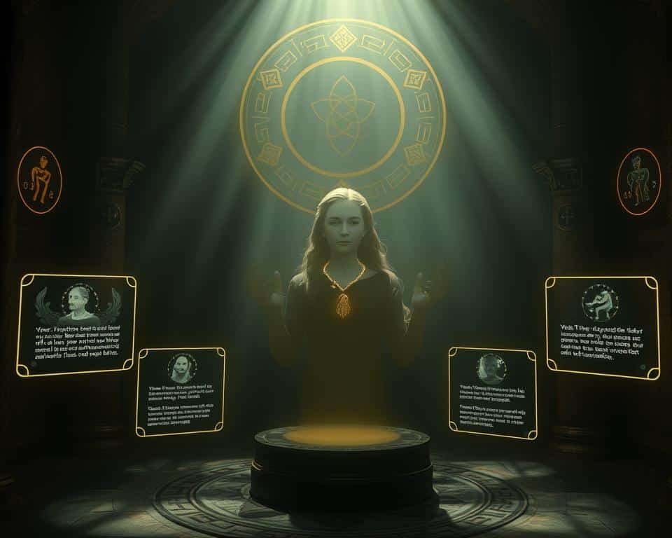 A mystical reincarnation app interface materializes, its ancient symbols and glyphs illuminating a dimly lit chamber. In the center, a profile avatar shimmers, revealing the indistinct features of a past life. Soft, ethereal lighting casts dramatic shadows, creating an air of mystery and introspection. Surrounding the avatar, holographic displays present information about the user's previous incarnation - their name, occupation, and pivotal life events. The overall atmosphere evokes a sense of wonder and a deep connection to one's ancestral roots, inviting the viewer to embark on a journey of self-discovery.