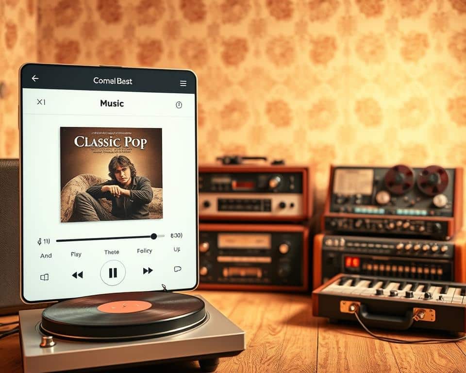 A retro-themed music app interface set against a warm, vintage-inspired backdrop. The foreground features a clean, minimalist design with album art, playback controls, and a curated playlist of classic pop hits. The middle ground showcases an assortment of retro audio equipment, including a turntable, reel-to-reel tape player, and analog synthesizers, evoking a nostalgic atmosphere. The background blends a soft, sepia-toned gradient with subtle patterns reminiscent of 1970s wallpaper or album covers. Warm, diffused lighting casts a cozy glow over the entire scene, creating a sense of timeless, analog ambiance. A retro-themed music app interface set against a warm, vintage-inspired backdrop. The foreground features a clean, minimalist design with album art, playback controls, and a curated playlist of classic pop hits. The middle ground showcases an assortment of retro audio equipment, including a turntable, reel-to-reel tape player, and analog synthesizers, evoking a nostalgic atmosphere. The background blends a soft, sepia-toned gradient with subtle patterns reminiscent of 1970s wallpaper or album covers. Warm, diffused lighting casts a cozy glow over the entire scene, creating a sense of timeless, analog ambiance.