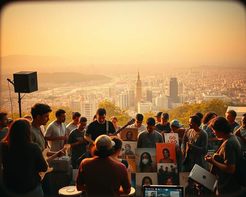 A serene scene of the SoundCloud community, a vibrant hub for independent artists. In the foreground, a diverse group of musicians collaborate, instruments in hand, their faces alight with creative passion. The middle ground showcases a myriad of album covers, each a unique artistic expression, while the background depicts a sprawling cityscape, bustling with energy and possibility. Warm, diffused lighting casts a golden glow, evoking a sense of nostalgia and artistic intimacy. The composition is framed by a vintage lens, lending an authentic, analog feel to the overall image. This scene captures the essence of SoundCloud as the breeding ground for undiscovered talents and rare musical gems.