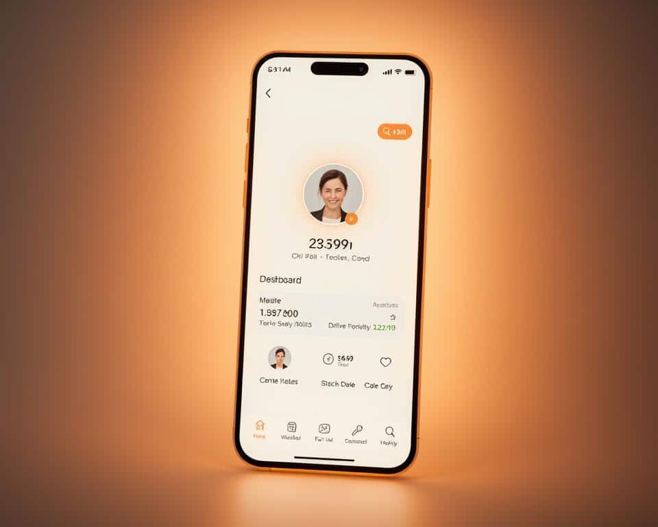 A sleek and minimalist interface for the Qmiran app, showcasing a clean dashboard with intuitive icons and a simple, uncluttered layout. The screen is bathed in a soft, warm glow, creating a serene and inviting atmosphere. The user's profile picture is prominently displayed, surrounded by a subtle, glowing border, drawing the eye to the key information. Subtle gradients and muted colors lend a modern, elegant aesthetic, while the overall design prioritizes ease of use and accessibility. The layout is balanced and symmetrical, with a harmonious arrangement of elements that guide the user's attention effortlessly.