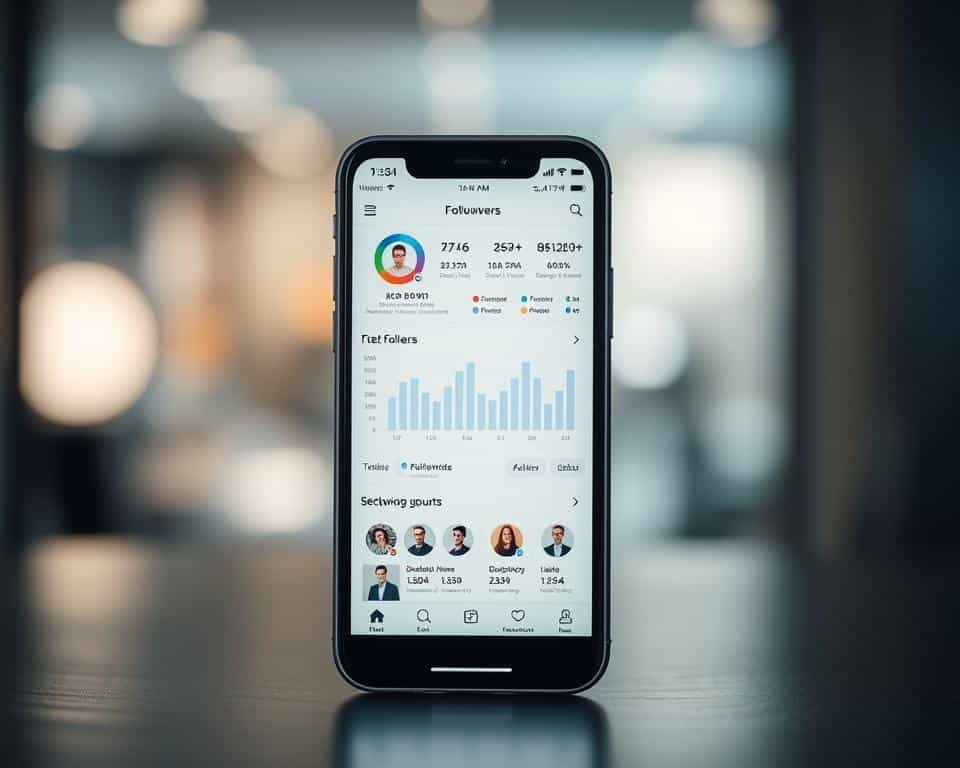 A sleek and minimalist mobile app interface displaying reports, analytics, and insights about Instagram followers. The foreground features a clean dashboard with charts, graphs, and metrics showcasing follower growth, engagement, and activity. The middle ground showcases a user profile and follower list with profile pictures. The background is blurred, creating a sense of depth and focus on the data visualization. The lighting is soft and diffused, creating a modern and professional aesthetic. The camera angle is slightly angled to provide an engaging and dynamic composition. A sleek and minimalist mobile app interface displaying reports, analytics, and insights about Instagram followers. The foreground features a clean dashboard with charts, graphs, and metrics showcasing follower growth, engagement, and activity. The middle ground showcases a user profile and follower list with profile pictures. The background is blurred, creating a sense of depth and focus on the data visualization. The lighting is soft and diffused, creating a modern and professional aesthetic. The camera angle is slightly angled to provide an engaging and dynamic composition.