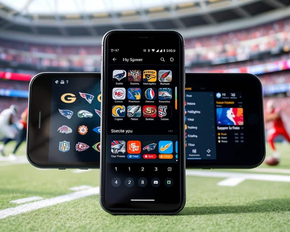 A sleek and modern app interface showcasing the best NFL live streaming options. In the foreground, a large touchscreen display highlights various team logos and game schedules, inviting the user to explore. The middle ground features intuitive controls and navigation menus, allowing seamless access to live games, highlights, and team statistics. The background subtly blends team colors and sports imagery, creating an immersive and visually engaging experience. The lighting is clean and bright, reflecting the clarity and convenience of the top-tier NFL apps. Captured through a wide-angle lens, the composition emphasizes the comprehensive nature of these must-have mobile applications for die-hard NFL fans. A sleek and modern app interface showcasing the best NFL live streaming options. In the foreground, a large touchscreen display highlights various team logos and game schedules, inviting the user to explore. The middle ground features intuitive controls and navigation menus, allowing seamless access to live games, highlights, and team statistics. The background subtly blends team colors and sports imagery, creating an immersive and visually engaging experience. The lighting is clean and bright, reflecting the clarity and convenience of the top-tier NFL apps. Captured through a wide-angle lens, the composition emphasizes the comprehensive nature of these must-have mobile applications for die-hard NFL fans.