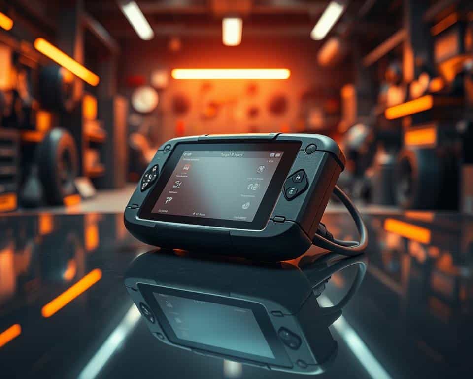 A sleek and modern automotive diagnostic scanner resting on a glossy, reflective surface. The device is backlit with a warm, amber glow, casting a soft, ambient light across the scene. The scanner's advanced features are visible, including a high-resolution display, intuitive controls, and a robust, industrial-grade design. In the background, a dimly lit, futuristic workshop setting with various automotive tools and equipment creates a sense of technological sophistication. The overall composition conveys a sense of precision, innovation, and the power of advanced automotive diagnostics.