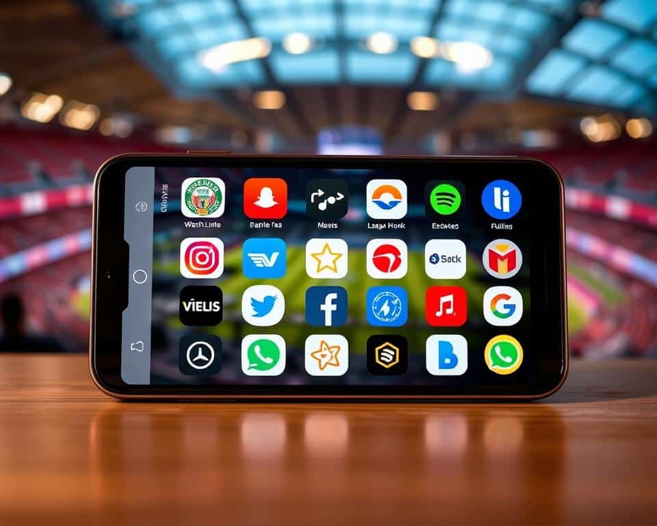 A sleek and modern smartphone display showcasing a curated selection of the best live streaming apps. The foreground features the app icons arranged in an eye-catching grid, each representing a top-rated platform for watching live content. The middle ground depicts a blurred background of a sports stadium or concert venue, hinting at the type of events these apps are ideal for broadcasting. Soft, directional lighting creates depth and highlights the detailed app logos. The overall mood is professional, informative, and designed to capture the attention of users seeking the optimal live streaming experience.