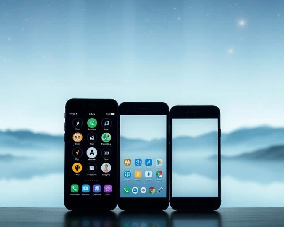 A sleek, minimalist comparison of mobile apps for exploring past lives, set against a serene, dreamlike backdrop. In the foreground, three smartphone silhouettes positioned side-by-side, their screens displaying stylized icons and interfaces. The middle ground features a tranquil, ethereal landscape with soft, diffused lighting, hinting at the introspective nature of the apps. In the background, a faint, shimmering veil of galaxies and celestial bodies, symbolizing the interconnectedness of the present and the past. Overall, the composition conveys a sense of contemplation, discovery, and the allure of unveiling one's personal history.