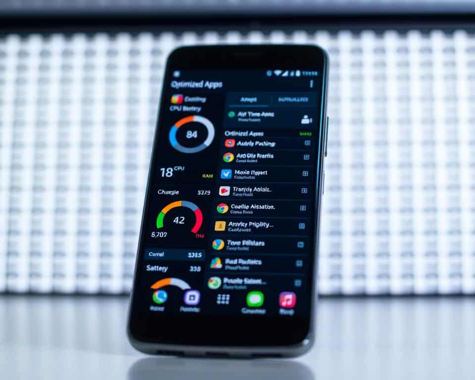 A sleek, modern Android smartphone display showcasing the AVG Cleaner app interface. In the foreground, the app's performance monitoring dashboard is visible, with real-time metrics tracking CPU, RAM, and battery usage. The middle ground features an optimized app list, highlighting which apps are consuming the most system resources. In the background, a subtle grid pattern suggests the underlying technology powering the app's optimization algorithms. The lighting is soft and diffused, creating a clean, professional aesthetic. The camera angle is slightly elevated, providing an intuitive, user-friendly perspective. A sleek, modern Android smartphone display showcasing the AVG Cleaner app interface. In the foreground, the app's performance monitoring dashboard is visible, with real-time metrics tracking CPU, RAM, and battery usage. The middle ground features an optimized app list, highlighting which apps are consuming the most system resources. In the background, a subtle grid pattern suggests the underlying technology powering the app's optimization algorithms. The lighting is soft and diffused, creating a clean, professional aesthetic. The camera angle is slightly elevated, providing an intuitive, user-friendly perspective.