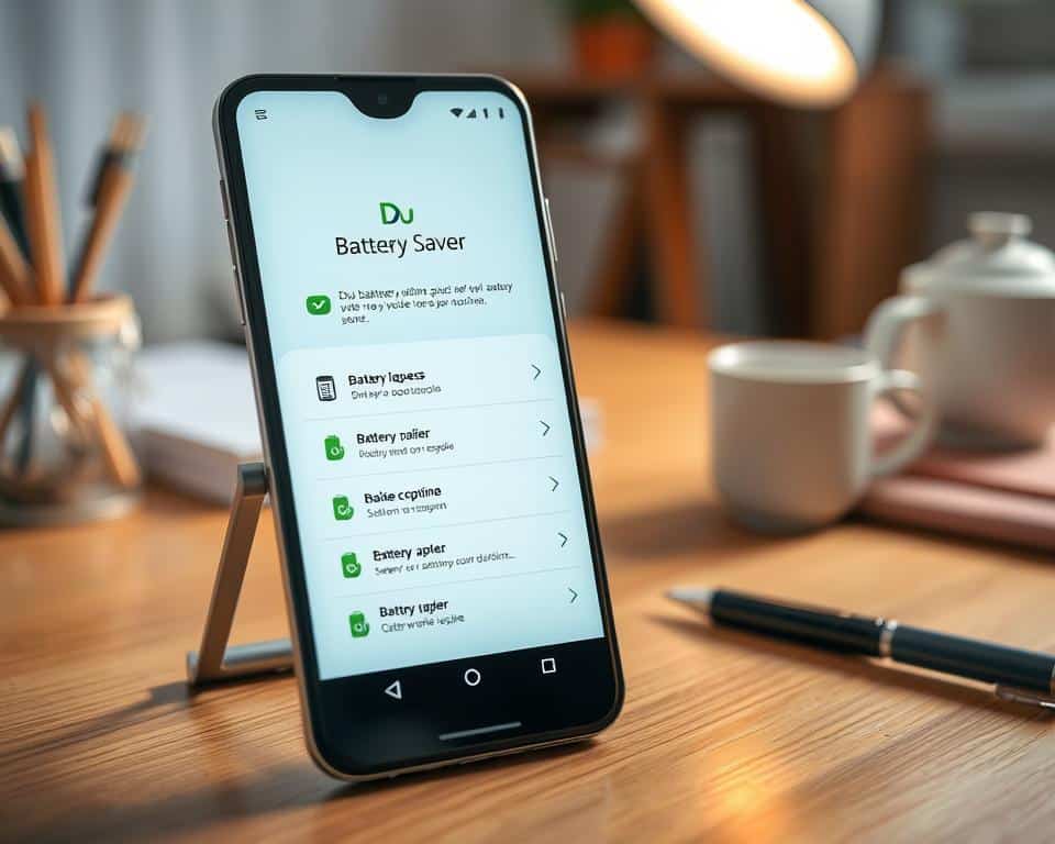 A tranquil scene of a smartphone's screen displaying the "Du Battery Saver" interface, with a clean and intuitive design. The phone is placed on a wooden desk, surrounded by minimalist office supplies, against a blurred background of a cozy home office. Soft, natural lighting gently illuminates the setup, creating a calming atmosphere. The interface showcases various battery optimization options, seamlessly adapting to the user's daily routine. The overall composition conveys a sense of productivity and efficiency, reflecting the app's ability to enhance battery life without disrupting the user's workflow.