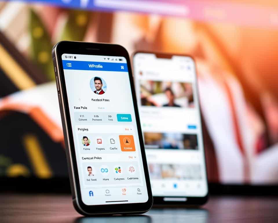 A vibrant and visually engaging mobile app interface, showcasing the "WProfile" app for monitoring Facebook profile visits. The foreground features the app's sleek and intuitive dashboard, displaying a clean user interface with elegant typography and iconography. The middle ground depicts a dynamic Facebook profile page with a profile picture and user information, highlighting the app's core functionality. The background is a blurred, soft-focus representation of the Facebook social media platform, evoking a sense of connection and integration. The overall scene is bathed in a warm, natural lighting, creating a sense of approachability and user-friendliness. The composition is balanced and visually appealing, inviting the viewer to explore the app's features and capabilities.
