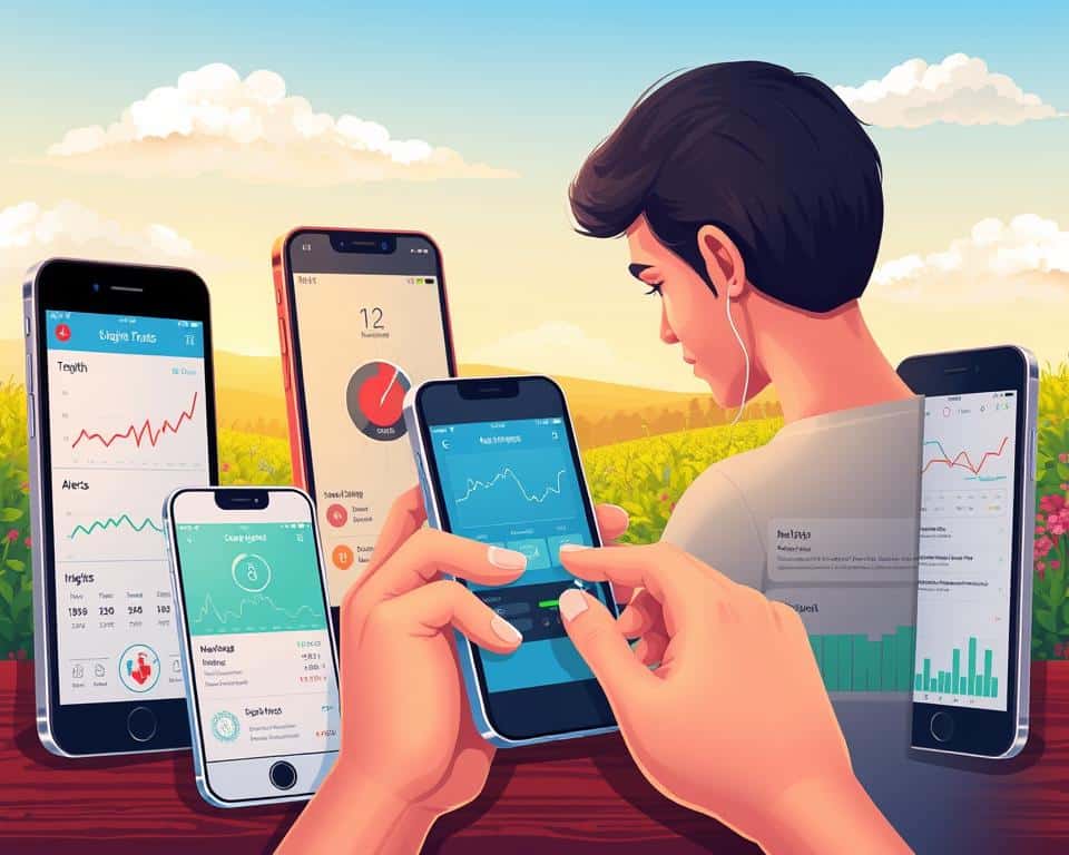 A vibrant, detailed illustration depicting the key advantages of using glucose monitoring apps. In the foreground, an array of mobile devices display various glucose tracking features - graphs, trend lines, alerts, and personalized insights. The middle ground showcases a person checking their blood sugar levels using a glucometer, with a serene, natural backdrop of greenery and a cloudless sky. Warm, soft lighting casts a gentle glow, creating an atmosphere of health, control, and well-being. The composition conveys the ease, convenience, and empowerment gained from leveraging these specialized mobile applications to manage one's glycemic levels.