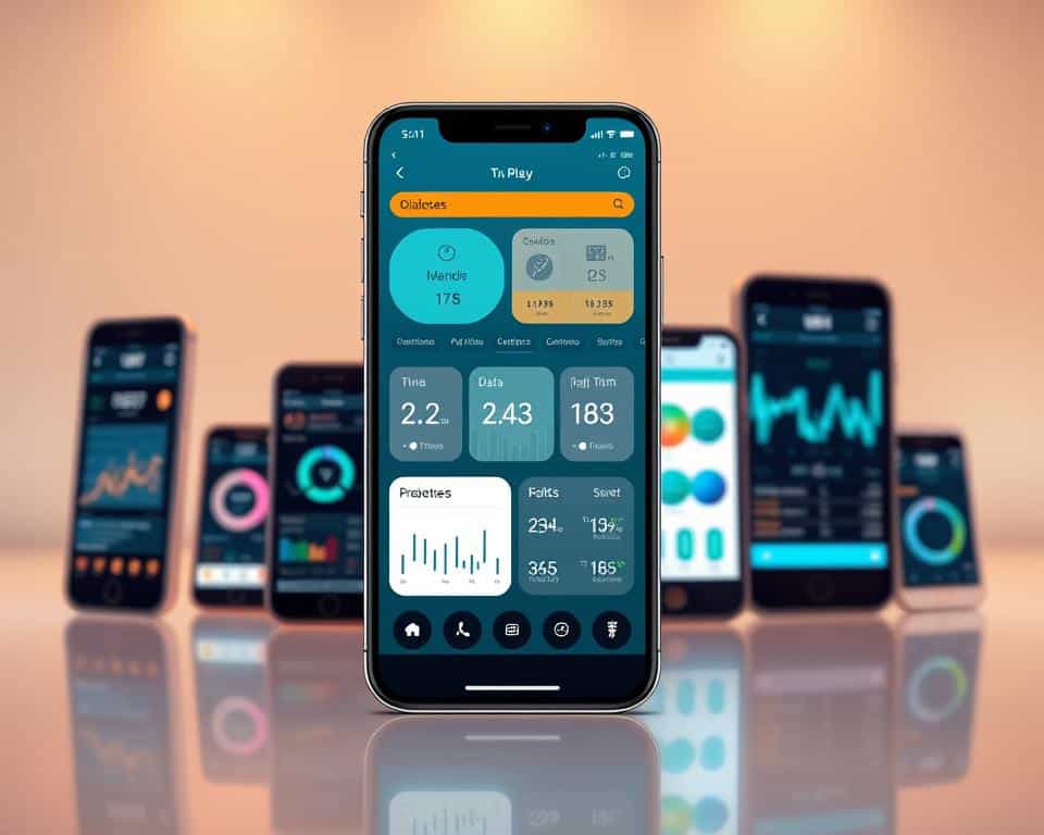 A vibrant digital display showcasing a collection of sophisticated glucose monitoring mobile apps. In the foreground, a sleek smartphone screen displays a user-friendly interface with intuitive graphs, charts, and data tracking tools. The middle ground features additional mobile devices, each presenting a distinct app design optimized for seamless diabetes management. The background is a minimalist, clean environment with a soft, warm lighting scheme, creating a sense of calm and efficiency. The overall composition conveys the harmony between advanced technology and personal health, empowering individuals to take control of their glycemic levels with the help of these innovative applications. A vibrant digital display showcasing a collection of sophisticated glucose monitoring mobile apps. In the foreground, a sleek smartphone screen displays a user-friendly interface with intuitive graphs, charts, and data tracking tools. The middle ground features additional mobile devices, each presenting a distinct app design optimized for seamless diabetes management. The background is a minimalist, clean environment with a soft, warm lighting scheme, creating a sense of calm and efficiency. The overall composition conveys the harmony between advanced technology and personal health, empowering individuals to take control of their glycemic levels with the help of these innovative applications.