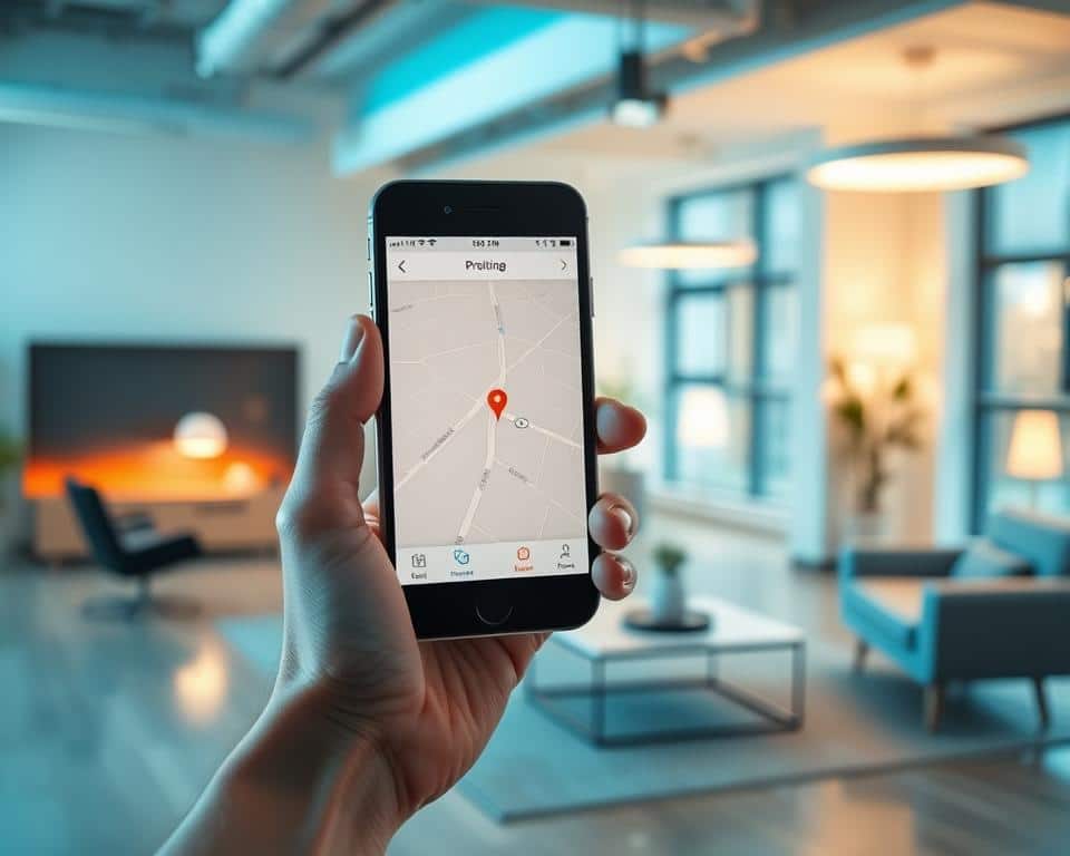 A well-lit indoor scene depicting a smartphone displaying a proximity-based location tracking interface. The smartphone is held in the foreground, with a clean, minimalistic user interface showcasing a map and a marker indicating the proximity of the device. The background features a warm, modern office environment with sleek furniture, natural lighting, and a sense of order and organization, conveying a professional, tech-savvy atmosphere. The lighting is soft and diffused, creating a subtle, ambient glow that enhances the clarity of the smartphone's display. The overall impression is one of a reliable, intuitive, and effortless proximity-based location tracking solution.