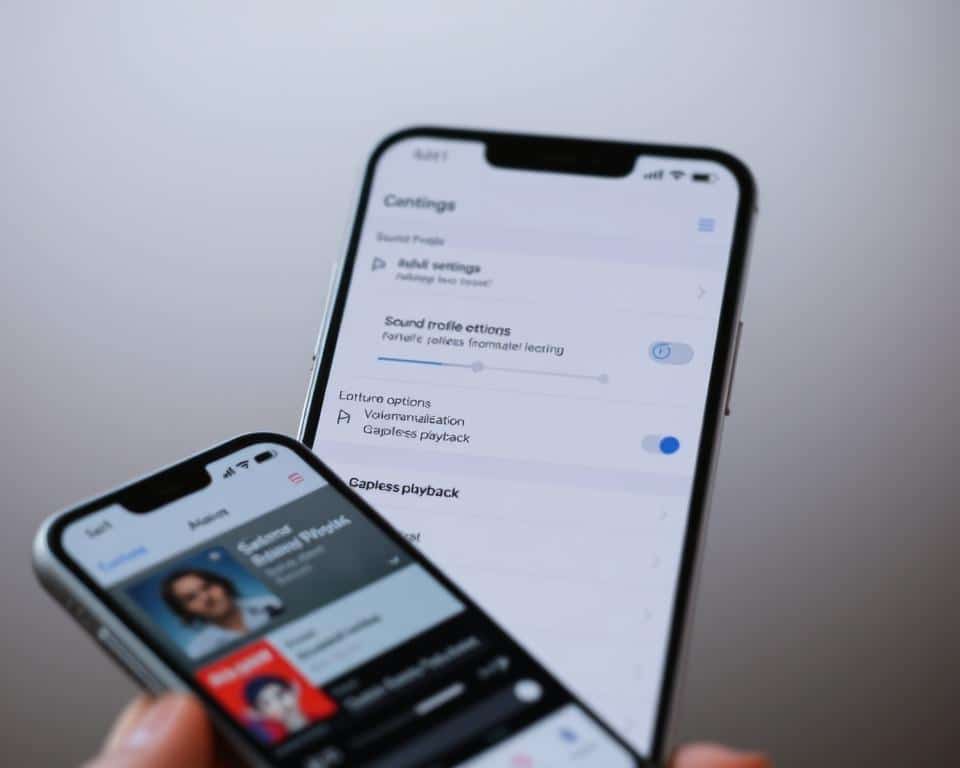 Detailed configuration screen for a music playback app on a modern smartphone. The foreground features the app's main interface, with a clean and intuitive layout displaying album art, playback controls, and a customizable equalizer. The middle ground showcases audio settings such as sound profile options, volume normalization, and gapless playback. The background blurs into a subtle gradient, establishing a serene and immersive atmosphere for the listener's music experience. Crisp lighting and a shallow depth of field create a sense of focus and refinement, reflecting the app's thoughtful design and the user's ability to fine-tune their listening experience. Detailed configuration screen for a music playback app on a modern smartphone. The foreground features the app's main interface, with a clean and intuitive layout displaying album art, playback controls, and a customizable equalizer. The middle ground showcases audio settings such as sound profile options, volume normalization, and gapless playback. The background blurs into a subtle gradient, establishing a serene and immersive atmosphere for the listener's music experience. Crisp lighting and a shallow depth of field create a sense of focus and refinement, reflecting the app's thoughtful design and the user's ability to fine-tune their listening experience.