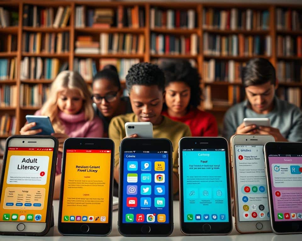 Vibrant, high-contrast image depicting a variety of educational apps for adult literacy. In the foreground, several mobile devices display colorful and engaging app interfaces with clean typography, intuitive user interfaces, and interactive learning activities. In the middle ground, a diverse group of adult learners interacting with the apps, expressions of focus and determination. The background showcases a bookshelf or library setting, symbolizing the wealth of knowledge and resources available to support adult literacy. Soft, directional lighting illuminates the scene, creating a sense of warmth and productivity. The overall composition conveys a sense of progress, empowerment, and the transformative potential of technology-assisted adult education.