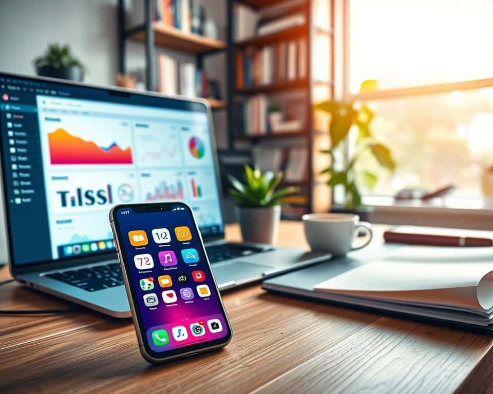 A clean and modern workspace featuring a sleek iPhone on a wooden desk. In the foreground, the iPhone screen displays various colorful app icons for optimization, enhanced with a soft glow effect. Beside the phone, a laptop screen shows a vibrant dashboard with performance statistics and charts. The middle ground includes a potted plant and a cup of coffee to create a relaxed atmosphere. In the background, a softly blurred bookshelf filled with tech books and vibrant desktop gadgets adds depth. The lighting is warm and inviting, coming from a large window suggesting natural sunlight. Capture this scene with a slight overhead angle for a comprehensive view. The mood should be focused and productive. A clean and modern workspace featuring a sleek iPhone on a wooden desk. In the foreground, the iPhone screen displays various colorful app icons for optimization, enhanced with a soft glow effect. Beside the phone, a laptop screen shows a vibrant dashboard with performance statistics and charts. The middle ground includes a potted plant and a cup of coffee to create a relaxed atmosphere. In the background, a softly blurred bookshelf filled with tech books and vibrant desktop gadgets adds depth. The lighting is warm and inviting, coming from a large window suggesting natural sunlight. Capture this scene with a slight overhead angle for a comprehensive view. The mood should be focused and productive.