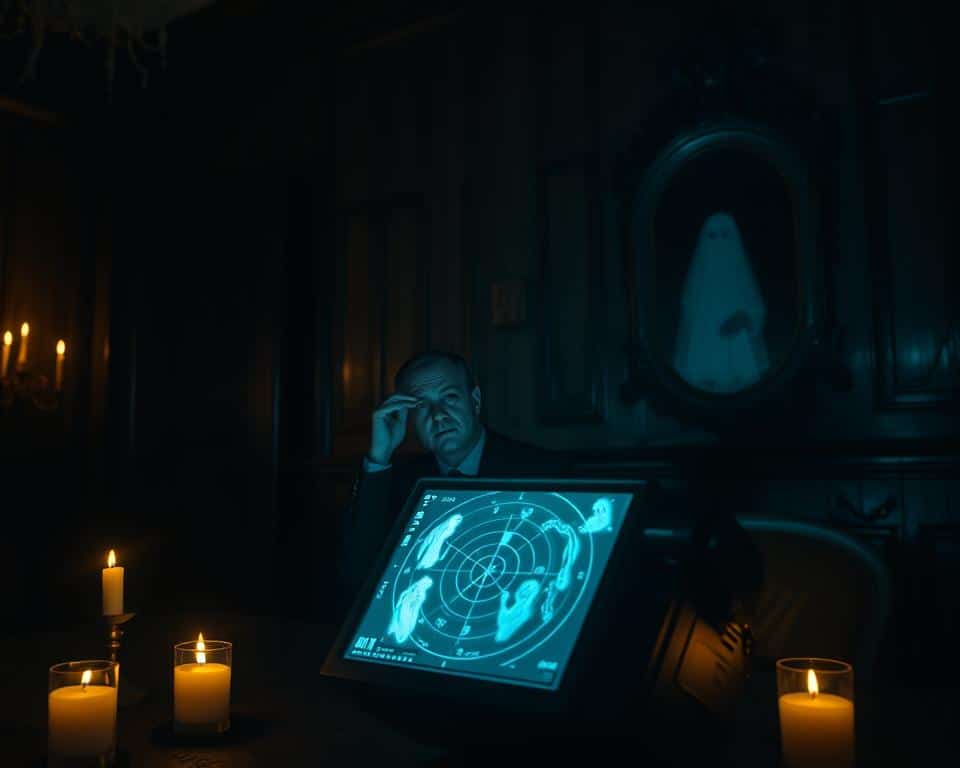 A dark, atmospheric room illuminated by flickering candlelight, creating eerie shadows. In the foreground, a high-tech ghost radar device with a glowing screen displaying ghostly images and spectral patterns. Around the device, subtle wisps of ethereal light to represent spirits communicating. In the middle ground, a shadowy figure dressed in professional attire, intently observing the radar, with a look of concentration, slightly leaning forward. The background features old, dark wood paneling and an antique mirror, reflecting an indistinct, ghostly silhouette. The overall mood is suspenseful and intriguing, inviting viewers to explore the realm of the supernatural. Soft focus areas create depth, with a cold color palette of blues and greens enhancing the mysterious atmosphere.