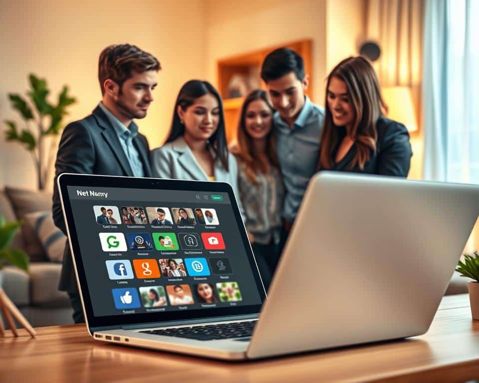 A digital illustration showcasing the concept of "Net Nanny: Advanced Content Filtering." In the foreground, a sleek, modern laptop is open, displaying a user-friendly interface with icons representing various content categories. Around the laptop, a diverse group of young people, dressed in professional business attire, are engaged in discussion, analyzing the screen with focused expressions. In the middle ground, a subtle representation of digital content—like blurred images and icons of social media platforms—symbolizes potential online dangers. The background features a cozy, well-lit home environment, emphasizing a safe and secure atmosphere. Soft, warm lighting highlights the subjects, creating an inviting and informative mood. Use a slight angle to evoke depth and perspective.