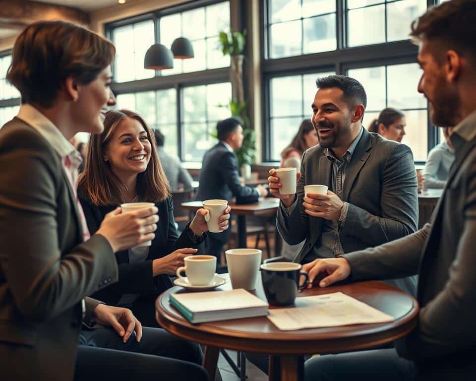 A diverse group of people engaged in a lively conversation in a cozy café setting. The foreground features two individuals, a woman and a man, discussing animatedly over cups of coffee, with business casual attire. The middle ground showcases a small table filled with language learning materials like notebooks and flashcards, hinting at real-life language practice. In the background, soft sunlight filters through large windows, illuminating the café’s rustic decor and creating a warm, inviting atmosphere. The scene conveys a sense of camaraderie and active learning, emphasizing practical English conversation skills in genuine situations. The composition is balanced, with a shallow depth of field focusing on the conversation, while the café ambiance adds richness to the overall mood.