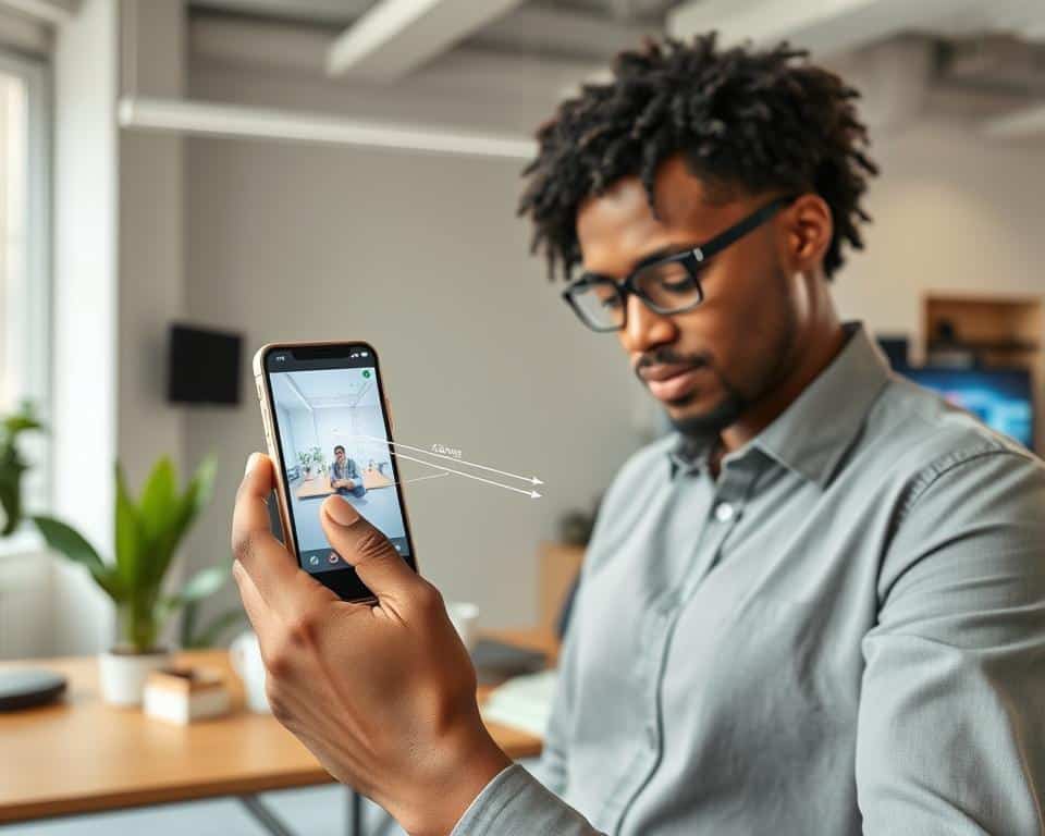A modern augmented reality scene showcasing a user interacting with a smartphone app for measuring objects. In the foreground, depict a diverse, professional individual wearing smart casual attire, intently focused on their device, which displays augmented reality overlays. The app shows virtual measuring lines and dimensions extending from various physical items, like a table and a nearby plant. In the middle ground, enhance the interaction by featuring realistic objects placed in a well-lit, contemporary office environment. Use soft, natural lighting to create an inviting atmosphere, while ensuring the smartphone screen is brightly lit for visibility. In the background, add subtle hints of technology, such as digital screens and gadgets, to emphasize the theme of advanced measurement technology without cluttering the image.