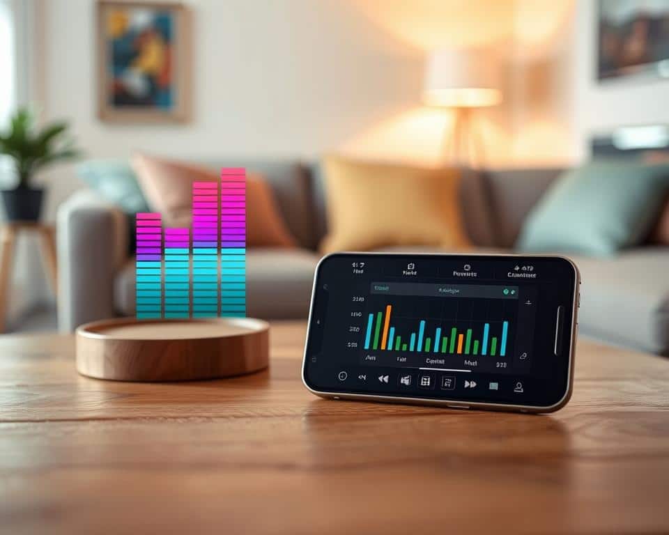 A modern music equalizer interface displayed prominently in the foreground, complete with vibrant and dynamic sound wave visuals reaching different levels, symbolizing audio customization. In the middle ground, a sleek smartphone sits on a stylish wooden table, showcasing a music app with a user-friendly interface featuring colorful equalizer settings and audio enhancement options. The background includes a cozy living room setup, softly lit with warm ambient lighting, creating an inviting atmosphere. The scene has a slight blur to suggest depth, with the focus on the smartphone and the equalizer. The overall mood is relaxed and creative, emphasizing the joy of personalizing sound for listening to vintage music. A modern music equalizer interface displayed prominently in the foreground, complete with vibrant and dynamic sound wave visuals reaching different levels, symbolizing audio customization. In the middle ground, a sleek smartphone sits on a stylish wooden table, showcasing a music app with a user-friendly interface featuring colorful equalizer settings and audio enhancement options. The background includes a cozy living room setup, softly lit with warm ambient lighting, creating an inviting atmosphere. The scene has a slight blur to suggest depth, with the focus on the smartphone and the equalizer. The overall mood is relaxed and creative, emphasizing the joy of personalizing sound for listening to vintage music.