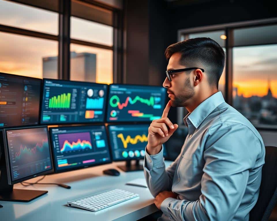 A modern workspace featuring a sleek desk with multiple monitors displaying colorful graphs and data analytics related to social media followers. In the foreground, a person dressed in smart casual attire is analyzing the data intently, with a thoughtful expression, showcasing engagement metrics and statistics. The middle space displays digital interfaces with user profiles and charts, glowing softly under warm, ambient lighting. In the background, a bright window reveals an urban skyline during sunset, casting a golden hue across the scene, creating a productive atmosphere. The overall mood is professional and focused, emphasizing an analytical approach to understanding social media dynamics. The image captures the essence of technology and insight, perfect for illustrating an advanced follower analyzer.