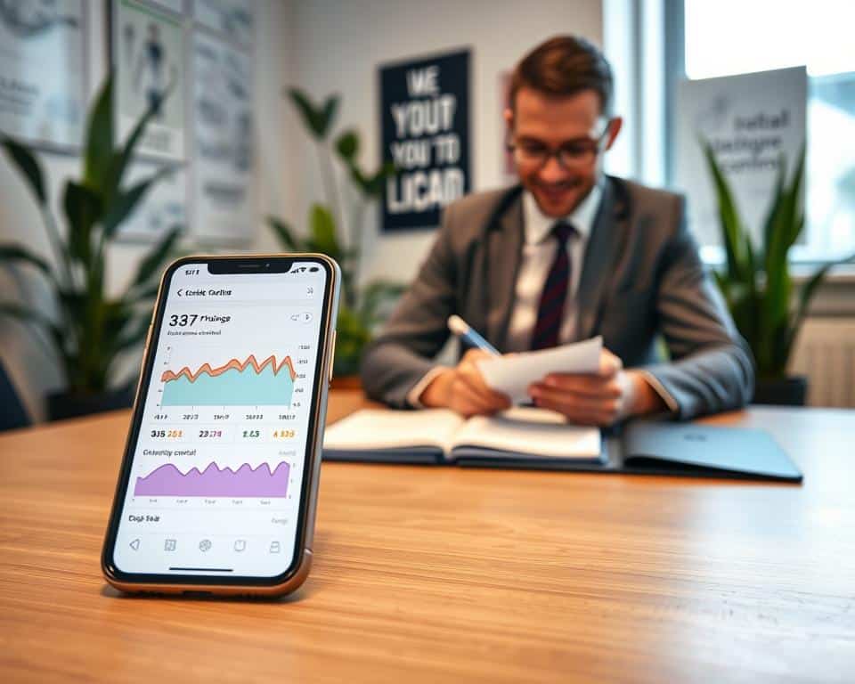 A modern workspace featuring a smartphone displaying a health app for blood glucose monitoring, set on a sleek wooden desk. In the foreground, a close-up of the smartphone screen shows clear, colorful graphs and data related to glycemic control. In the middle ground, a health-conscious individual, dressed in professional business attire, appears engaged with the app, attentively taking notes on a notepad beside the phone. In the background, a softly lit environment with indoor plants and motivational health posters creates a calming atmosphere. Soft, warm lighting enhances the focus on the smartphone and the individual, conveying a sense of productivity and health-conscious motivation. The overall mood is one of empowerment and technological advancement in personal health management.