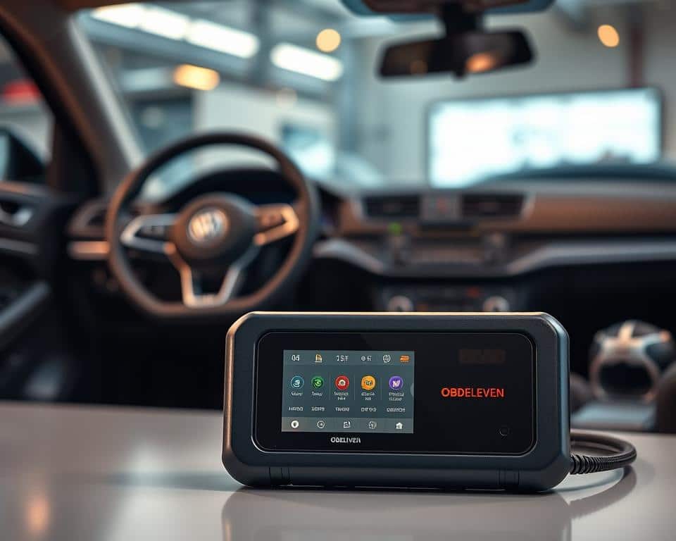 A sleek, modern OBDeleven diagnostic tool prominently displayed in the foreground, showcasing its compact design and digital interface with vivid color details. In the middle ground, a Volkswagen car interior is visible, with the OBDeleven device connected to the vehicle's dashboard, highlighting its user-friendly setup. The background features a subtle, blurred garage scene with soft lighting that emphasizes a clean, organized environment. The overall mood is professional and tech-savvy, conveying the power and efficiency of this advanced automotive scanner specifically designed for Volkswagen vehicles. Use a wide-angle lens perspective to capture depth and focus on the OBDeleven tool's features, with warm ambient lighting that enhances its high-tech appeal.